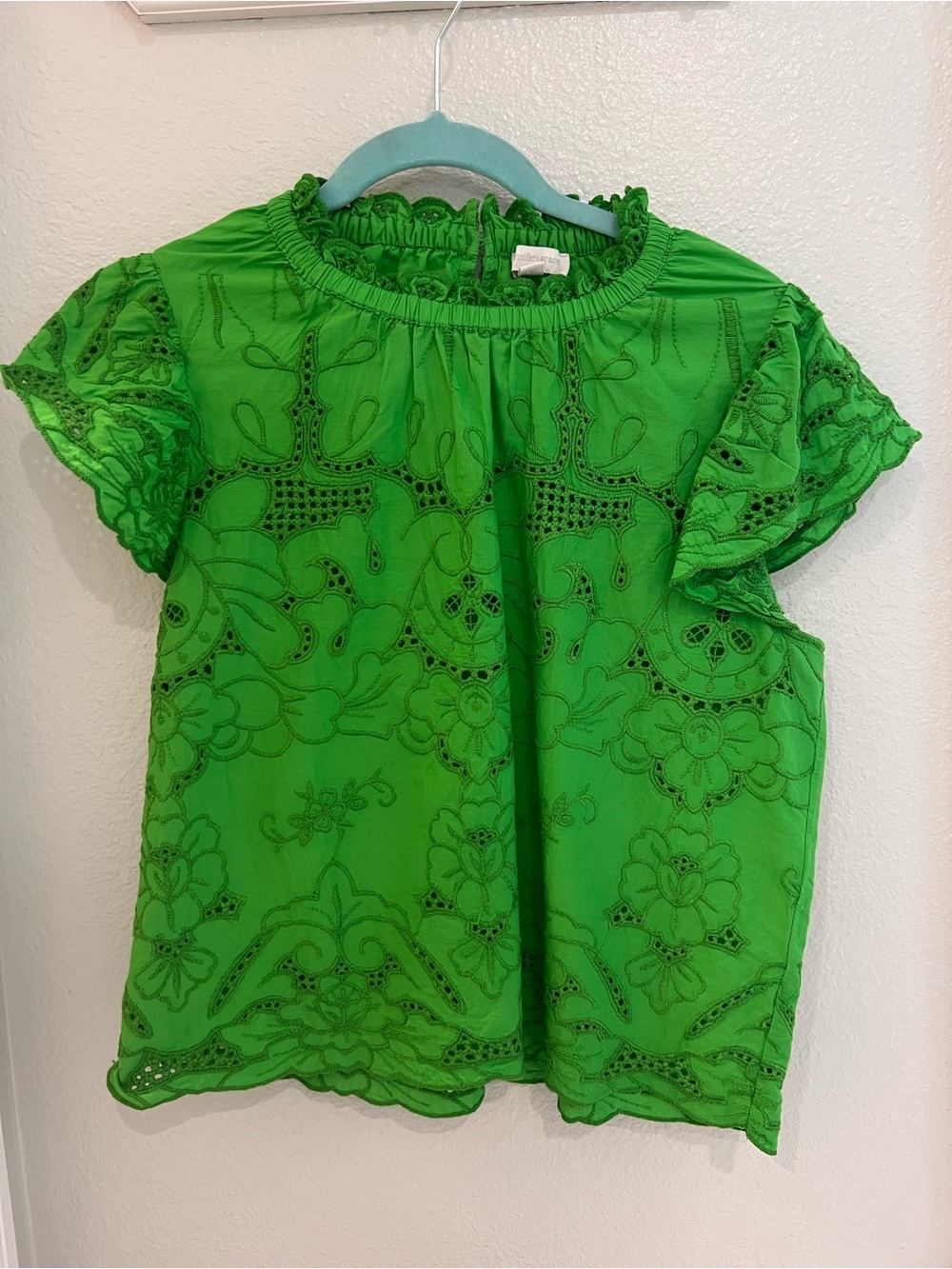Girls' Green Eyelet Ruffle Neck Flutter Sleeve Top